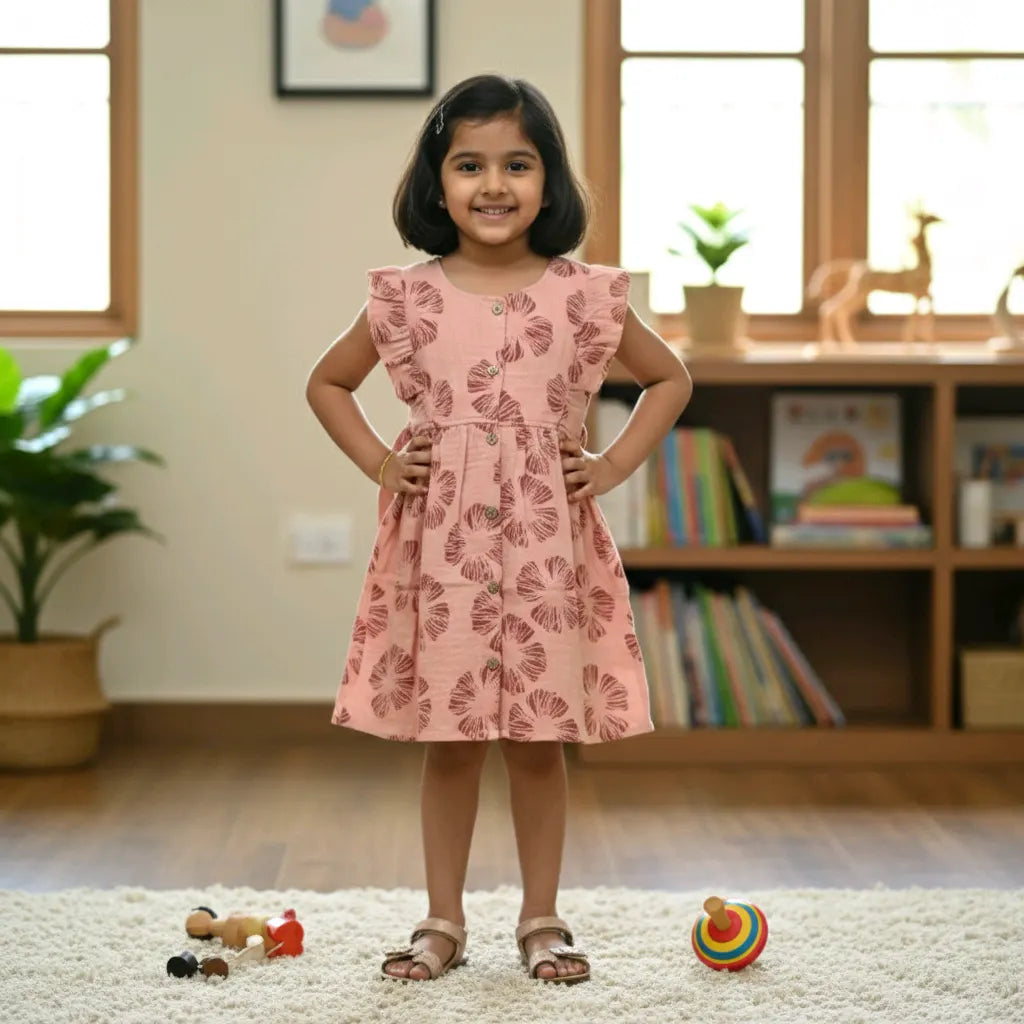 Girls' Floral Print Frock - Stylish & Comfortable Dress for Toddlers-1-2Y